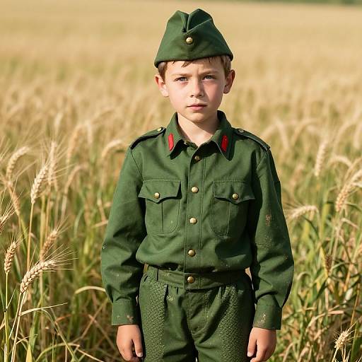Photograph of a young boy in a dark green scout uniform, standing in a sunlit wheat field, with a serious expression.