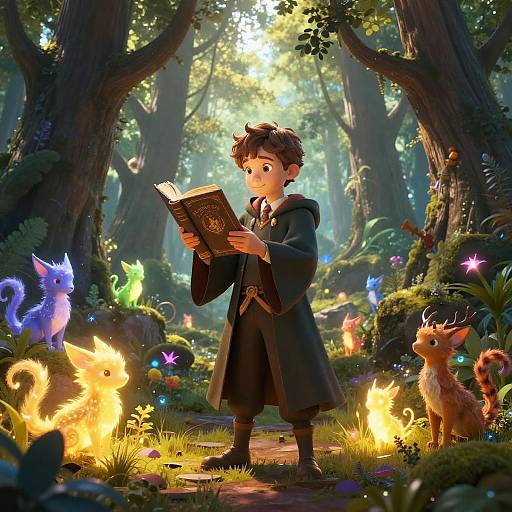 Whimsical forest scene: young boy with dark hair, wearing a black robe, reads a book surrounded by glowing, colorful fairy-like creatures and a