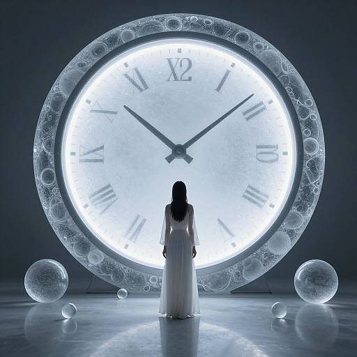 Silhouetted woman in white dress faces massive glowing clock, surrounded by floating glass spheres, in a dark, ethereal room.