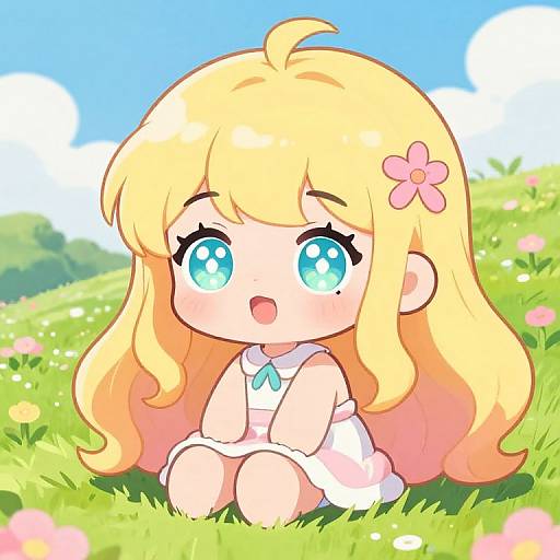 Adorable chibi-style blonde girl with large blue eyes and pink flower in hair, sitting in a sunny, flower-filled meadow. Digital anime art