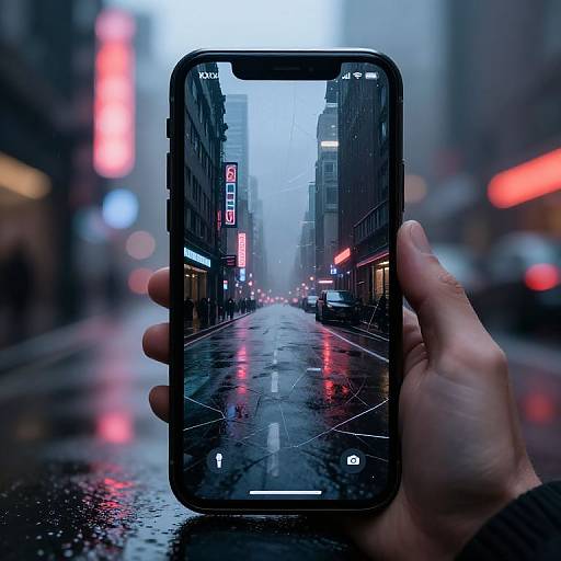 Photograph of a hand holding a smartphone, capturing a rainy urban street scene with blurred neon lights reflected on wet pavement.