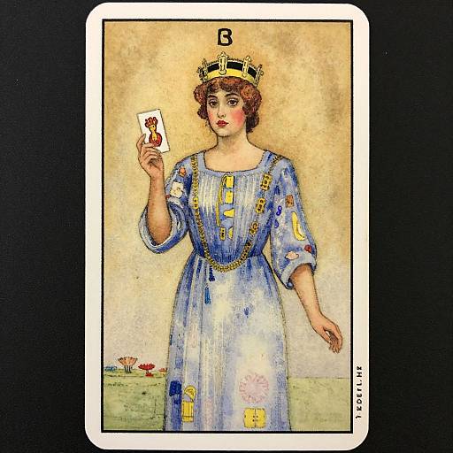 Illustrated tarot card of a woman with a crown, wearing a blue patterned dress, holding a red heart card, with a grassy background