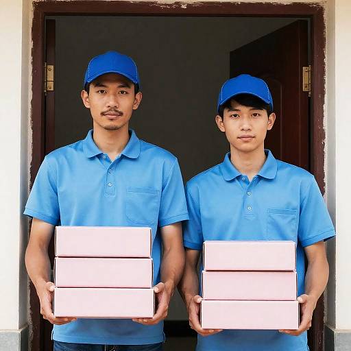 Male Delivery Workers in Uniform at Doorway