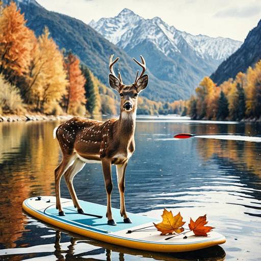 Deer on Paddle Board in Autumn River Landscape Deer on Paddle Board in Autumn River Landscape