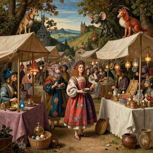 Photorealistic painting of a medieval market: women in colorful dresses, men in hats, selling lanterns, pottery, surrounded by animals and tents.