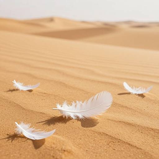 Photograph of white feathers gently resting on sunlit, golden sand with soft shadows, creating a serene, ethereal desert scene.