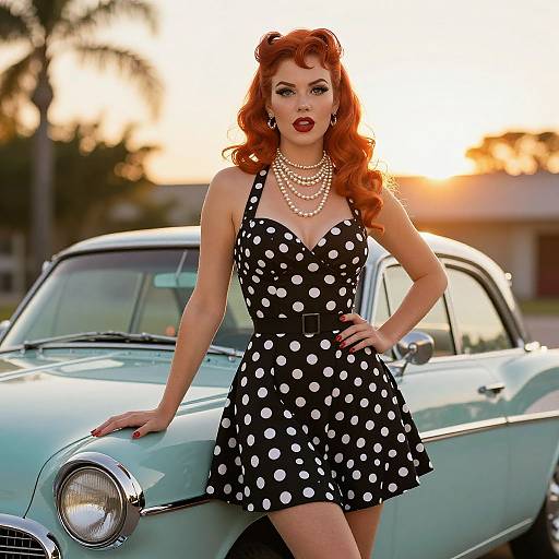 Photograph of a red-haired woman with vintage curls, wearing a black polka dot dress, pearl necklace, and red lipstick, leaning on a turquoise