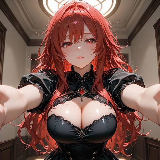 Red-haired Anime Girl in Black Dress POV