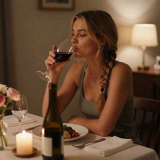 Blonde Woman Enjoying Wine at Dinner