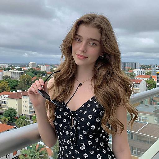 Young Woman on Balcony with Cityscape