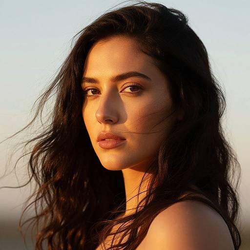 Photograph of a beautiful young woman with long, wavy black hair, olive skin, and brown eyes, bathed in warm sunset light, looking