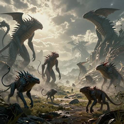 Digital fantasy artwork of towering, spiky dragon-like creatures in a sunlit, cloudy sky, with smaller creatures scrambling on rocky, grassy terrain.