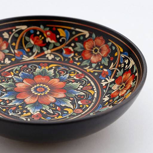 Photograph of a colorful, intricately patterned ceramic bowl with floral designs in red, blue, yellow, and green on a black background.