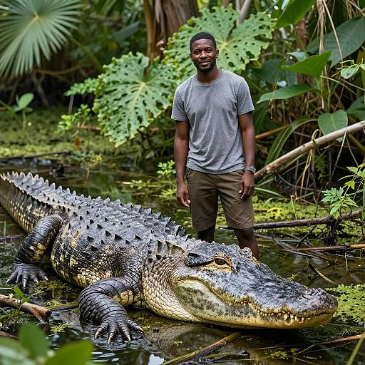 Confident Man Beside Giant Alligator