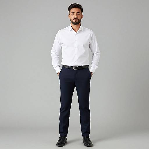 Photograph of a bearded man with short black hair, wearing a white shirt, black pants, and black shoes, standing against a plain gray background