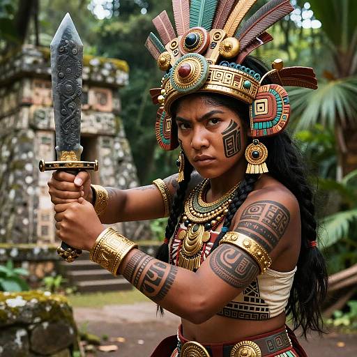 Photorealistic digital artwork of a tattooed, dark-skinned woman in Aztec-inspired headdress, holding a ornate dagger, standing in a