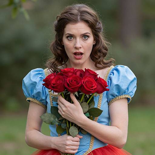 Elegant Woman in Blue Dress with Roses