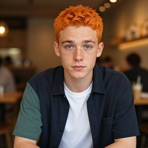 Photograph of a young man with striking red hair, light blue eyes, wearing a black shirt over a white tee, sitting in a dimly lit