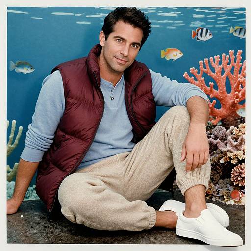 Photograph of a smiling, dark-haired man in a red vest, light blue shirt, beige pants, and white sneakers, seated underwater with colorful coral