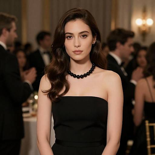 Elegant Woman in Black Strapless Dress at Formal Event