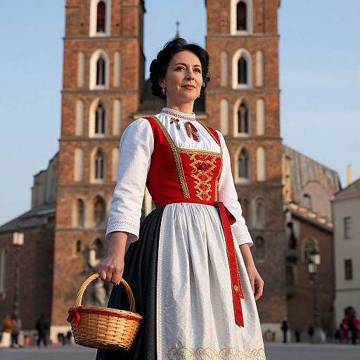 Photograph of a dark-haired woman in a traditional German dirndl with red corset, white blouse, and black skirt, holding a wicker basket