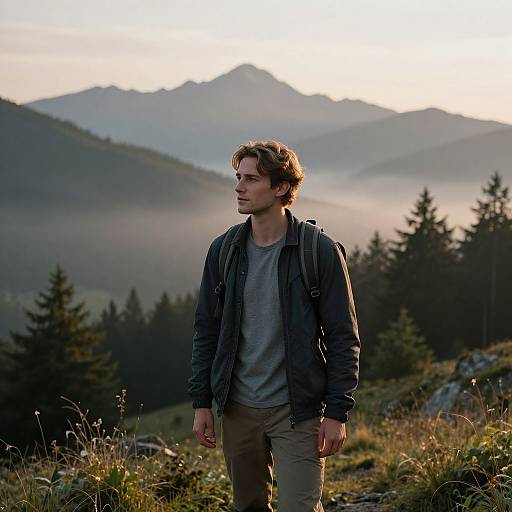 Photograph of a young man with wavy brown hair, wearing a grey shirt, black jacket, and backpack, standing in a misty mountain forest