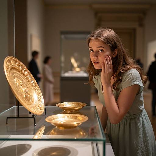 Photograph of a brown-haired woman in a gray dress, hand on cheek, gazing at glowing, ornate golden plates in a museum. Bl