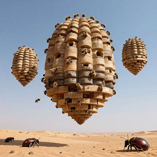 Photorealistic CGI of three floating, honeycomb-like, insect-infested structures over a desert, with two beetles and a black insect on sandy