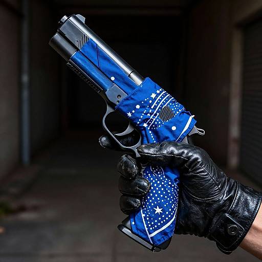Photograph of a gloved hand holding a blue, star-patterned, semi-automatic pistol with a black leather glove in a dark alley.