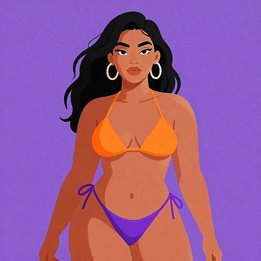 Digital illustration of a curvy woman with dark hair, wearing an orange bikini top and purple bottoms, against a solid purple background. She has hoop earrings