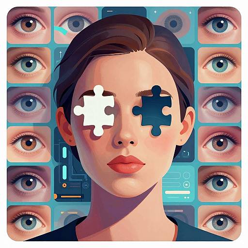 Digital artwork of a woman with brown hair, red lipstick, and one eye replaced by a puzzle piece, surrounded by multiple eyes.