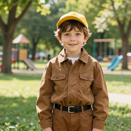 Photograph of a cute young boy with brown hair, wearing a yellow cap, brown button-up shirt, and black belt, standing in a sunny park