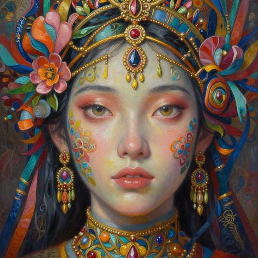 Digital painting of an Asian woman with fair skin, adorned in vibrant, ornate jewelry and headpiece, featuring colorful flowers and jewels, with intricate face