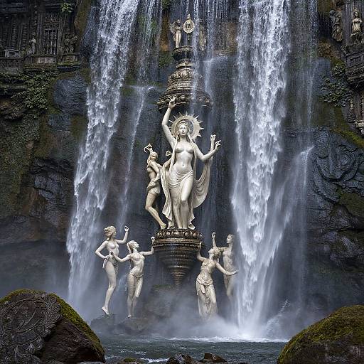 Photograph of a majestic, white, classical-style statue ensemble beneath a powerful waterfall, surrounded by lush, moss-covered rocks, with dramatic, cascading