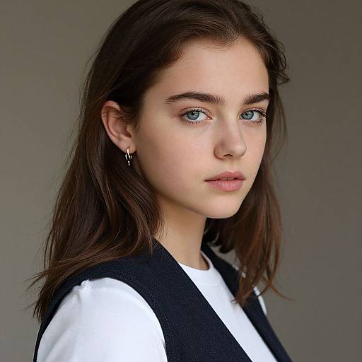 Photograph of a young woman with fair skin, blue eyes, and straight dark brown hair, wearing a white top and black vest, with subtle makeup