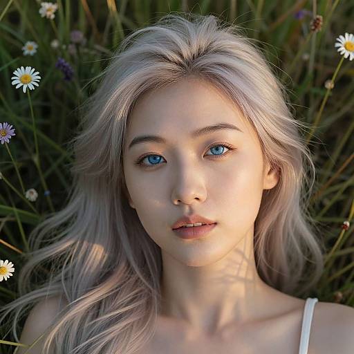 Photograph of a young woman with platinum blonde hair and blue eyes, surrounded by daisies, wearing a white top, in sunlight.