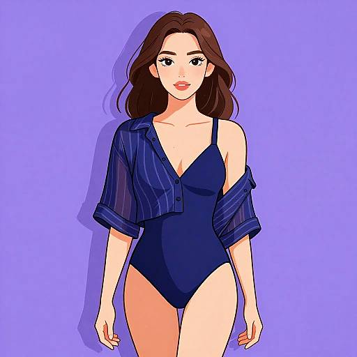 Elegant Woman in Navy Blue Swimsuit