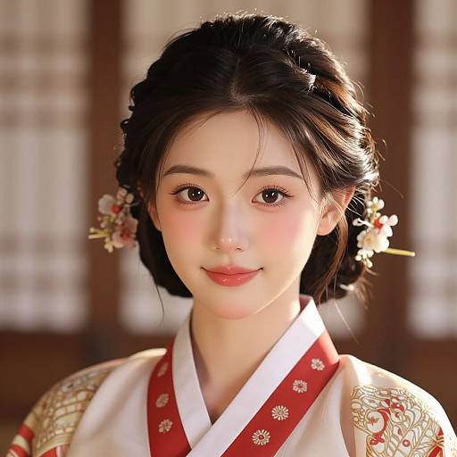 Digital portrait of a beautiful Asian woman with fair skin, black hair in an updo, floral hairpins, wearing a white and red kimono with