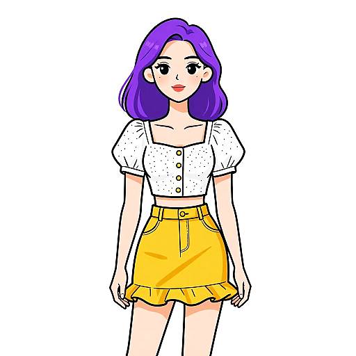 Digital anime-style drawing of a smiling woman with purple hair, wearing a white polka-dot crop top and yellow high-waisted skirt.