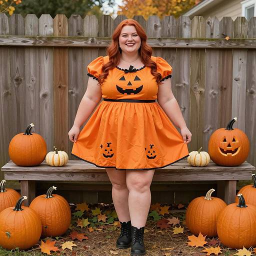 Plus Size Woman in Pumpkin Halloween Dress Outdoors
