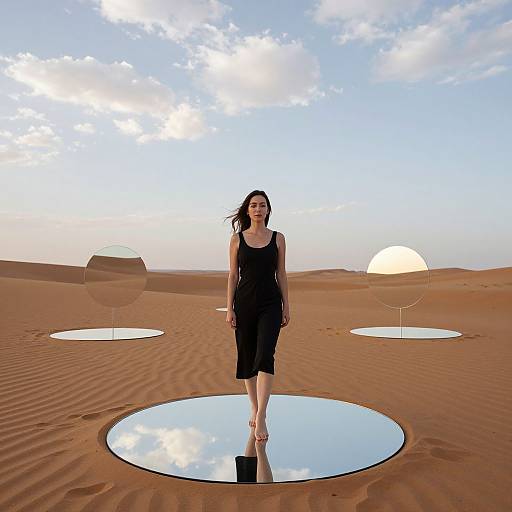 Photograph of a woman in a black dress walking on a circular mirror in a desert with spherical mirrors and a bright sky.