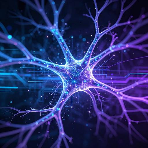 Digital illustration of glowing, branching neural networks in electric blue and purple against a dark, starry background with digital lines.