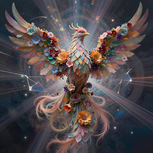 Digital art of a vibrant phoenix adorned with colorful flowers, feathers, and celestial lights, soaring against a starry, cosmic background.