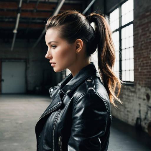 Woman with Twisted Ponytail Wearing Leather Jacket Woman with Twisted Ponytail Wearing Leather Jacket