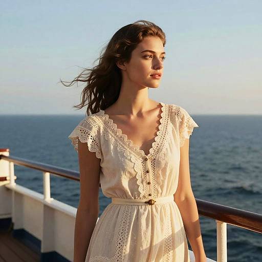 Photograph of a young woman with wavy brown hair, wearing a white lace dress, standing on a ship's deck overlooking the ocean at sunset.