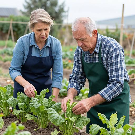 Photograph of an elderly white couple, man with gray hair and woman with blonde hair, planting lettuce in a garden, wearing plaid shirts and green