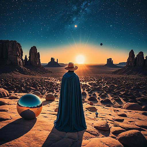 Surreal Desert Figure at Twin Suns Sunset