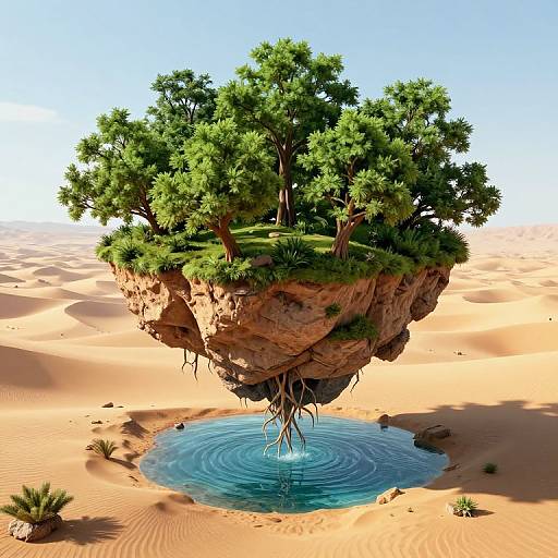 Digital artwork of a floating tree island with lush greenery, over a clear blue water pool, suspended above a sandy desert.