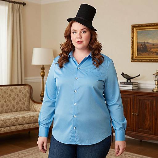 Photograph of a fair-skinned woman with wavy brown hair, wearing a light blue shirt, dark pants, and a black top hat, standing
