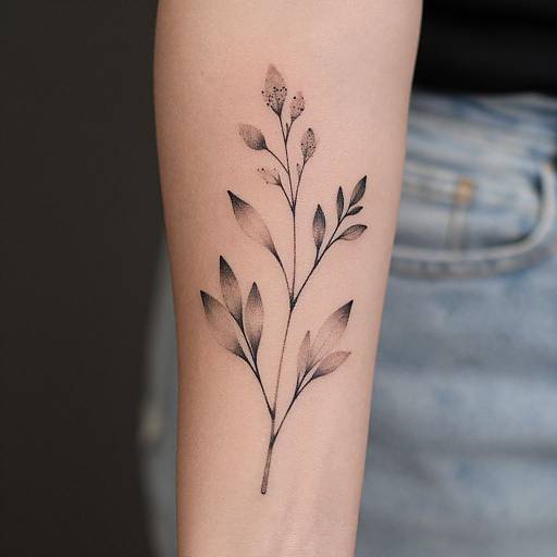 Black ink botanical tattoo on light skin, featuring a delicate branch with small flowers and leaves, against a blurry denim background.